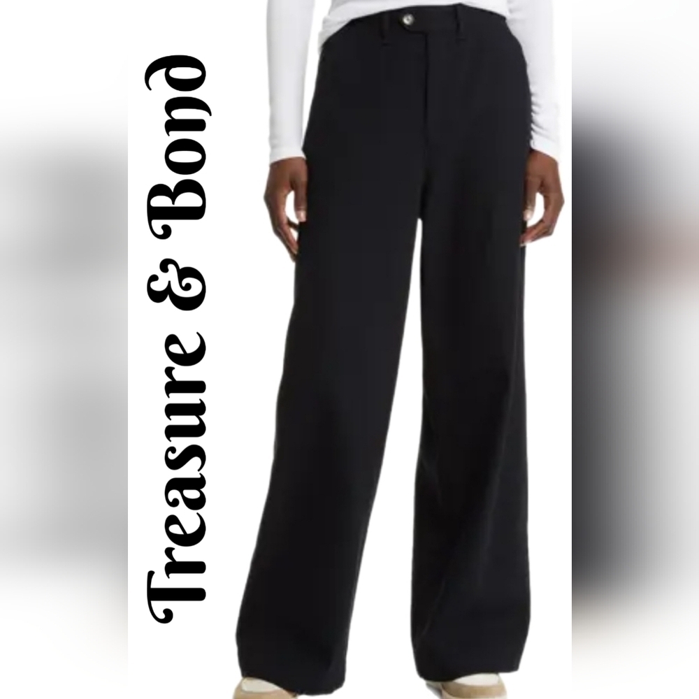 Treasure & Bond All Cotton Black Wide-Leg Pants Sz S Twill Casual Comfort